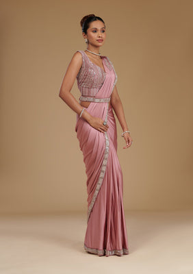 Onion Pink Cutdana Satin Readymade Saree