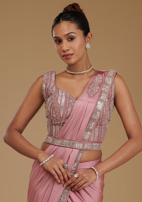 Onion Pink Cutdana Satin Readymade Saree