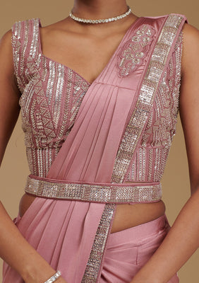 Onion Pink Cutdana Satin Readymade Saree