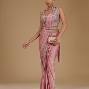 Onion Pink Cutdana Satin Readymade Saree