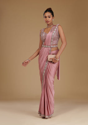 Onion Pink Cutdana Satin Readymade Saree