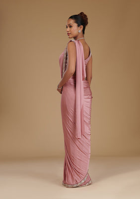 Onion Pink Cutdana Satin Readymade Saree