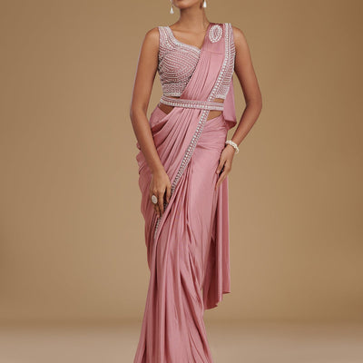 Onion Pink Pearlwork Satin Readymade Saree