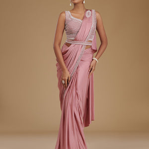 Onion Pink Pearlwork Satin Readymade Saree