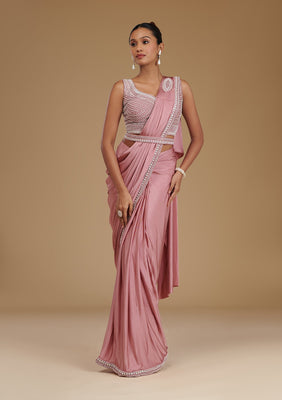 Onion Pink Pearlwork Satin Readymade Saree