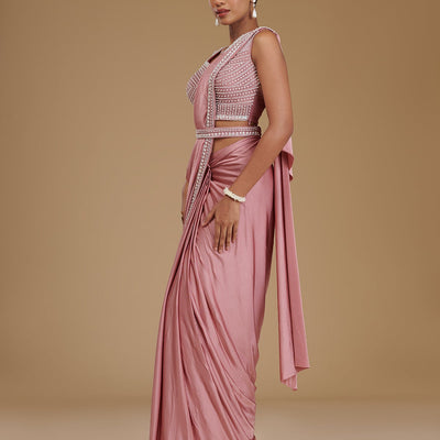 Onion Pink Pearlwork Satin Readymade Saree