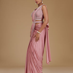 Onion Pink Pearlwork Satin Readymade Saree