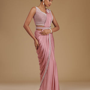 Onion Pink Pearlwork Satin Readymade Saree