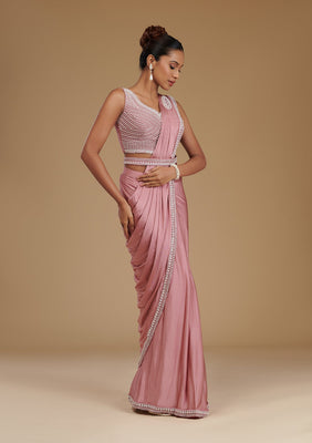 Onion Pink Pearlwork Satin Readymade Saree