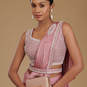 Onion Pink Pearlwork Satin Readymade Saree