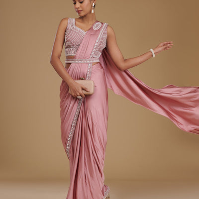 Onion Pink Pearlwork Satin Readymade Saree