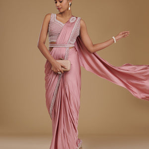 Onion Pink Pearlwork Satin Readymade Saree