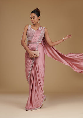 Onion Pink Pearlwork Satin Readymade Saree