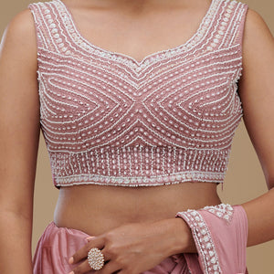 Onion Pink Pearlwork Satin Readymade Saree
