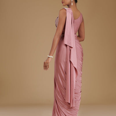 Onion Pink Pearlwork Satin Readymade Saree