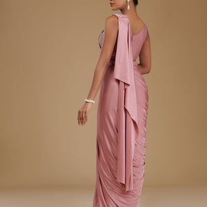 Onion Pink Pearlwork Satin Readymade Saree
