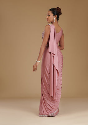 Onion Pink Pearlwork Satin Readymade Saree