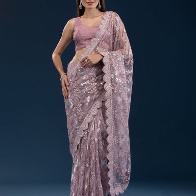 Onion Pink Sequins Net Saree