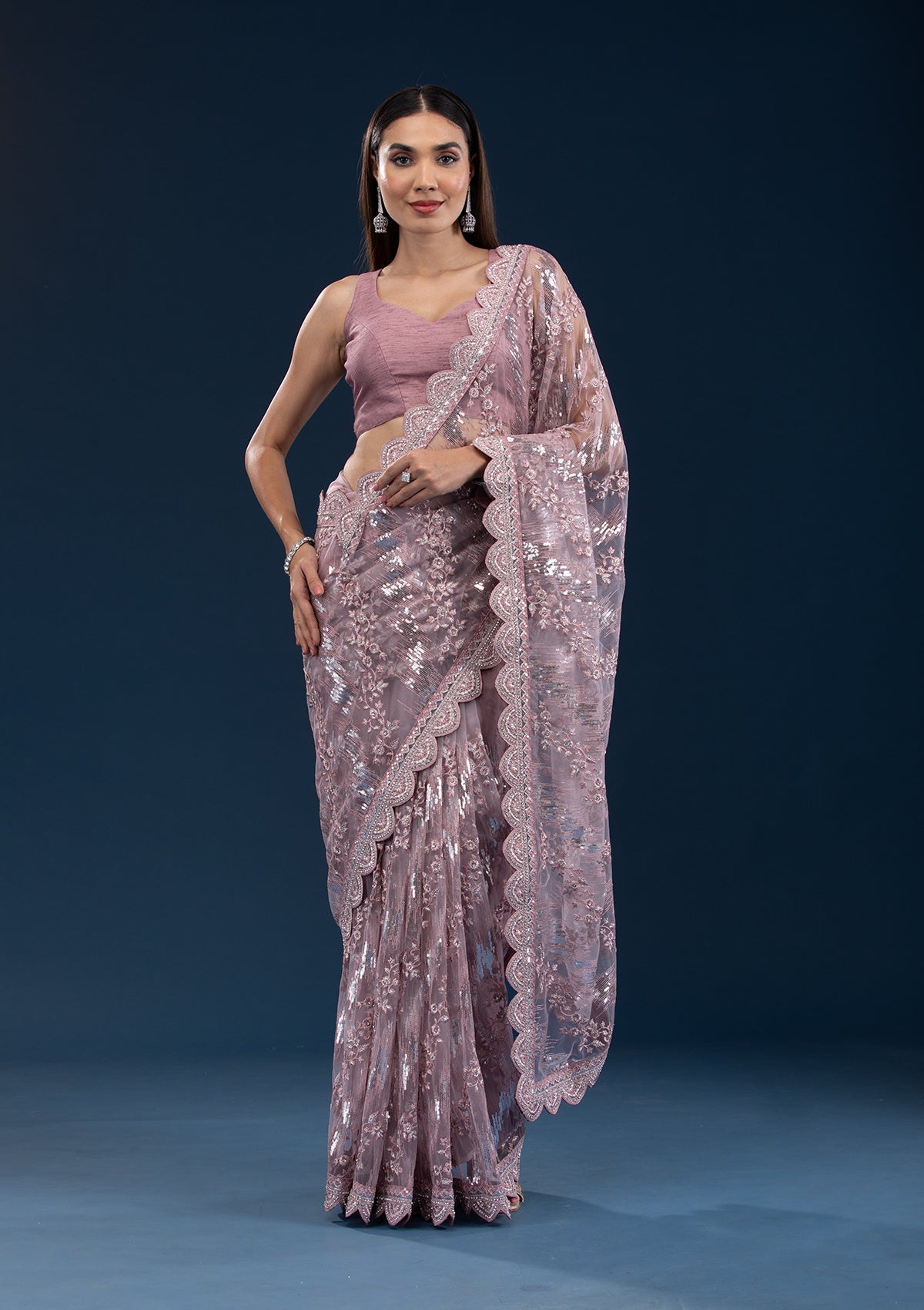 Onion Pink Sequins Net Saree