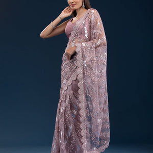 Onion Pink Sequins Net Saree