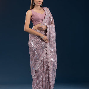 Onion Pink Sequins Net Saree