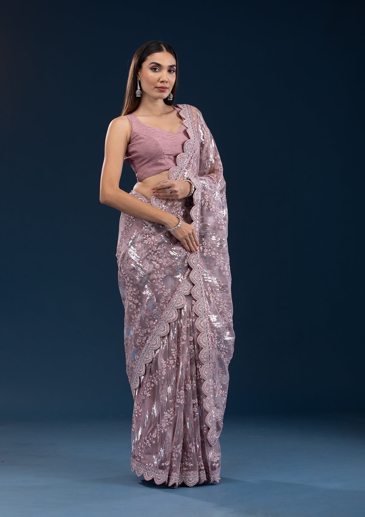 Onion Pink Sequins Net Saree
