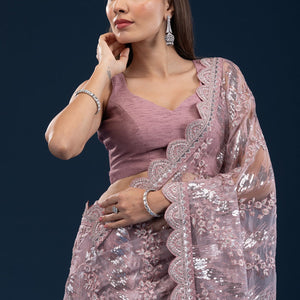 Onion Pink Sequins Net Saree