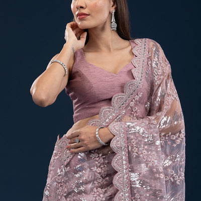 Onion Pink Sequins Net Saree