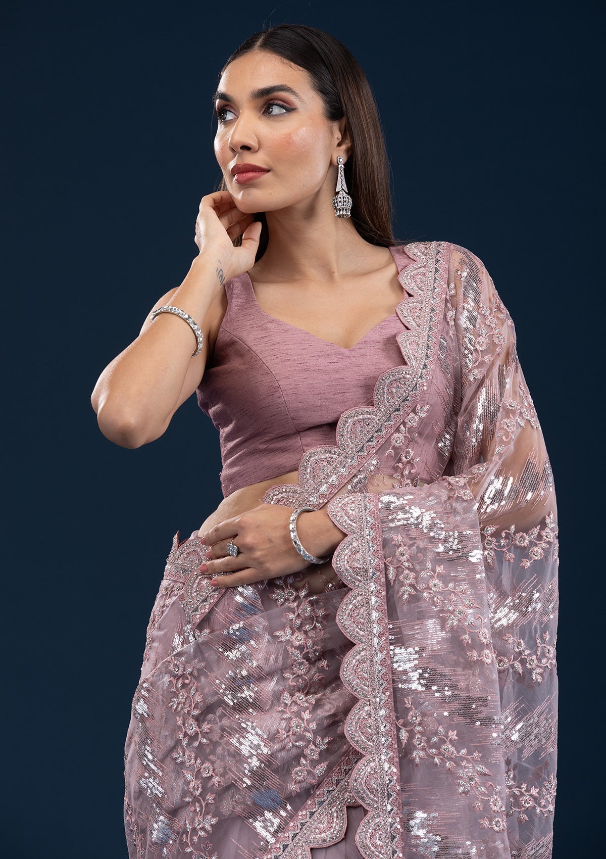Onion Pink Sequins Net Saree