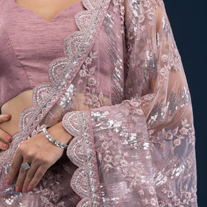 Onion Pink Sequins Net Saree