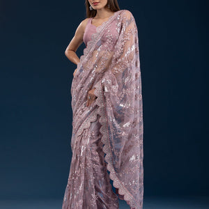 Onion Pink Sequins Net Saree