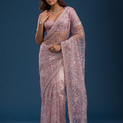 Onion Pink Sequins Net Saree
