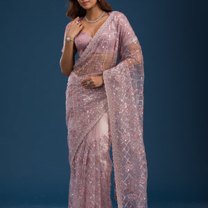 Onion Pink Sequins Net Saree
