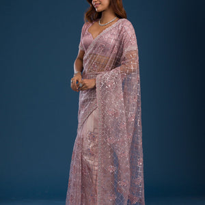 Onion Pink Sequins Net Saree