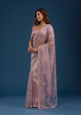 Onion Pink Sequins Net Saree