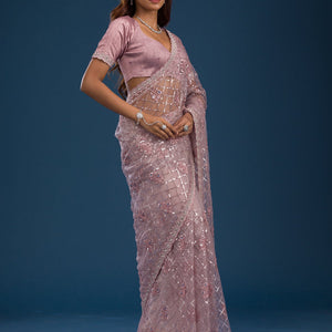 Onion Pink Sequins Net Saree