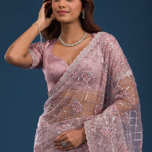 Onion Pink Sequins Net Saree