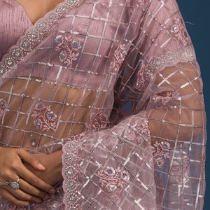 Onion Pink Sequins Net Saree