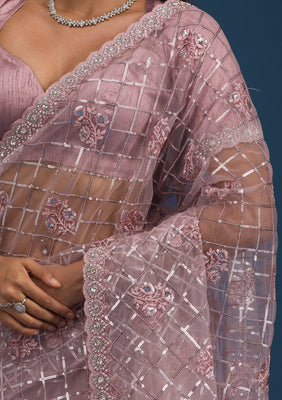 Onion Pink Sequins Net Saree