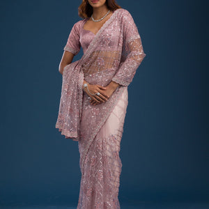 Onion Pink Sequins Net Saree