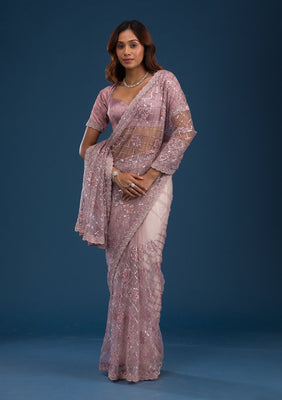 Onion Pink Sequins Net Saree