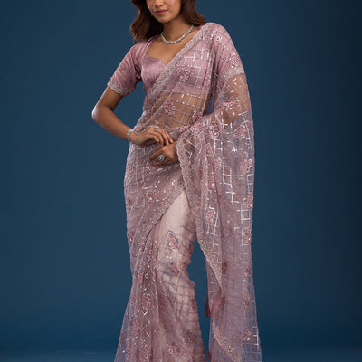 Onion Pink Sequins Net Saree