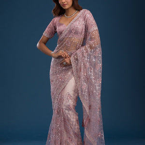 Onion Pink Sequins Net Saree