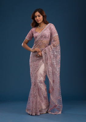 Onion Pink Sequins Net Saree