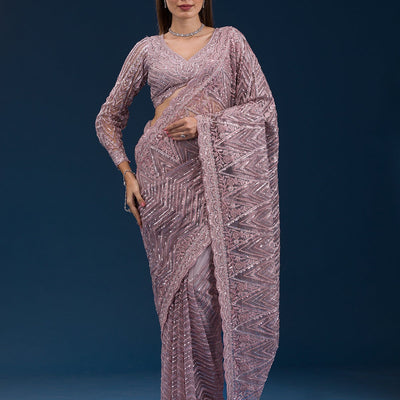 Onion Pink Sequins Net Saree