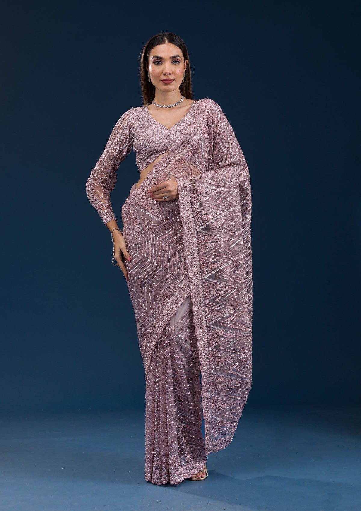Onion Pink Sequins Net Saree
