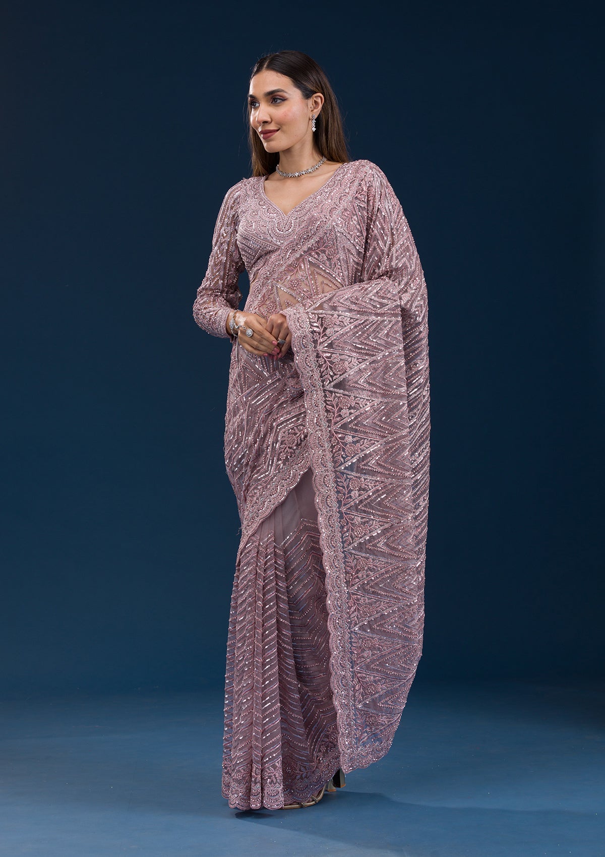 Onion Pink Sequins Net Saree