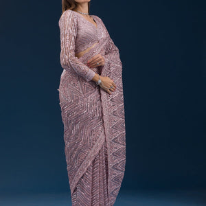 Onion Pink Sequins Net Saree