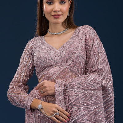 Onion Pink Sequins Net Saree