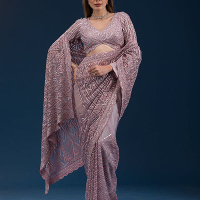 Onion Pink Sequins Net Saree